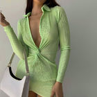 Green Sexy Long Sleeve Mini Dress High Waist V Neck