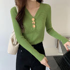 Ladies Long Sleeve Pullover Deep V Neck Knit Sweater With Buttons